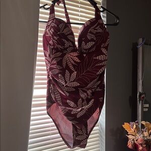 Burgundy Leaf Print Swimsuit